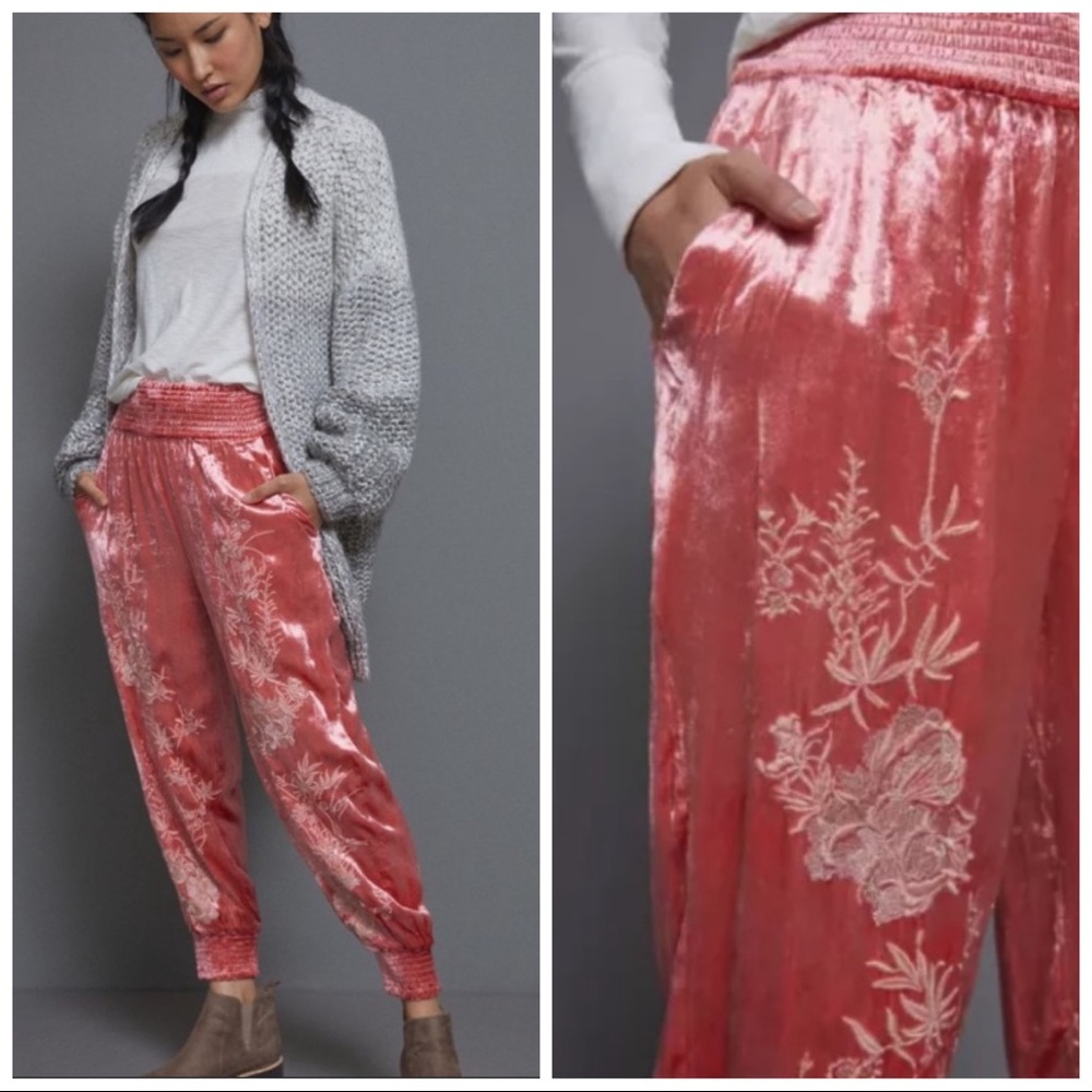 Anthropologie Rosie Embroidered Velvet Joggers New With Tags